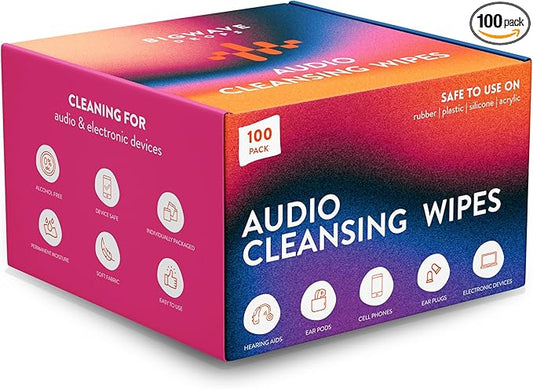 Audio Wipes For Hearing Aids - 100 Pcs, Alcohol-Free, Individually Packaged Cleaning Towelette - Removes Earwax, Dirt and Sweat - For Rubber, Plastic, Silicone & Acrylic
