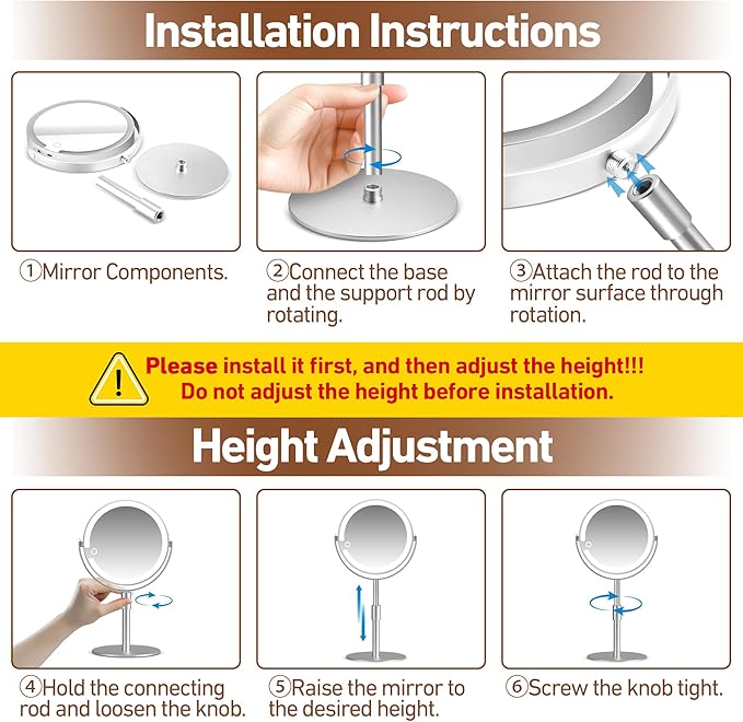 Magnifying Mirror with Light 20X, Height-Adjustable Lighted Makeup Mirror with Magnification, Double-Sided Aluminum Alloy LED Mirrors, 3 Lighting Modes Ideal for Bathroom Make-up, Silver