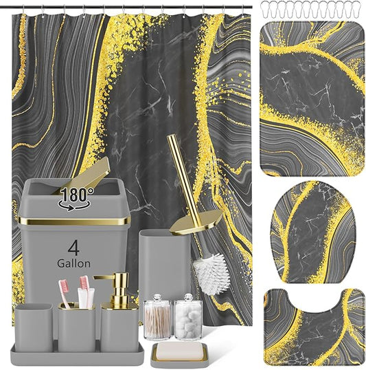 25PCS Bathroom Accessory Set, Beige Bathroom Set with Large-Capacity 4 Gallon Trash Can,Bathroom Rugs Set, Waterproof Shower Curtain, Toilet Brush, Toothbrush Holder & Soap Dispenser