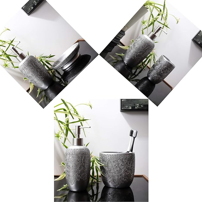 Hymmah Bathroom Accessories Set,Toothbrush Holder,Farmhouse Bathroom Decor,4 Pcs Resin Gift Set Apartment Necessities, Contain Toothbrush Cup,Soap Dispenser,Soap Dish,Tumbler