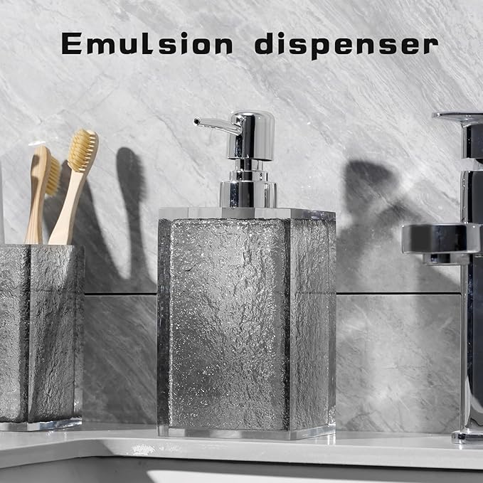 Bathroom Accessories Set, 4Pcs Hand Soap Dispenser and Toothbrush Holder Set, Tumbler Mouthwash Cup, Vanity Tray for Modern Home Decor Bathroom Countertop Organizer (Grey)