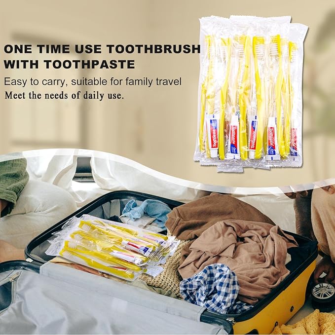 Disposable Toothbrushes with Toothpaste,50 Pack Yellow Hollow Individually Wrapped Disposable Travel Toothbrushes Kit in Bulk for Homeless,Nursing Home,Hotel,Charity