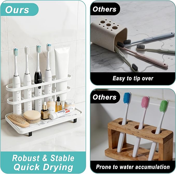 Electric Toothbrush Holders for Bathrooms, Bathroom Counter Organizer with Quick Dry Diatomaceous Earth Mat, 5 Slots Toothbrush and Toothpaste Holder White, for Bathroom Sink Organizer Countertop