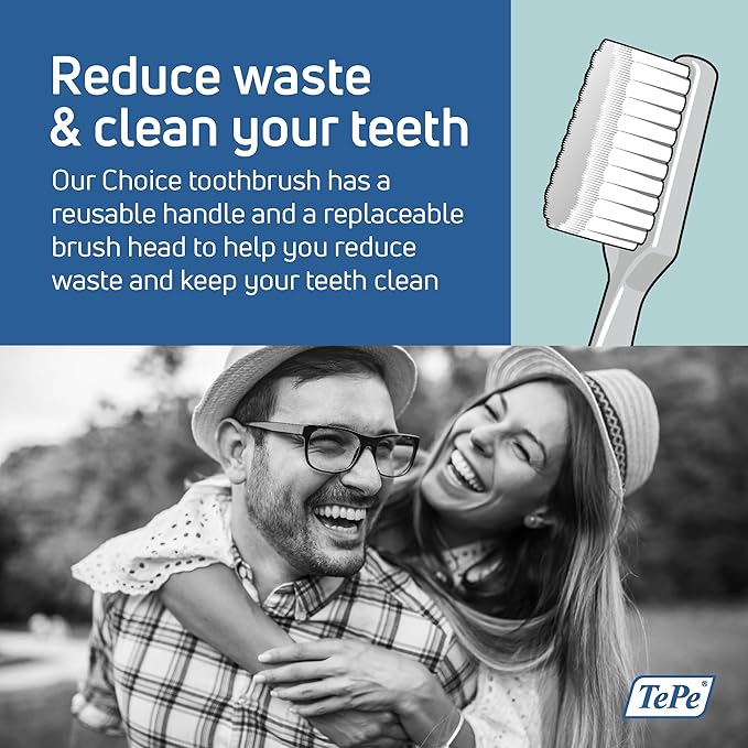 TePe Choice Soft Toothbrush, Dental Toothbrush for Teeth Cleaning with 3 Replaceable Toothbrush Heads, Gray