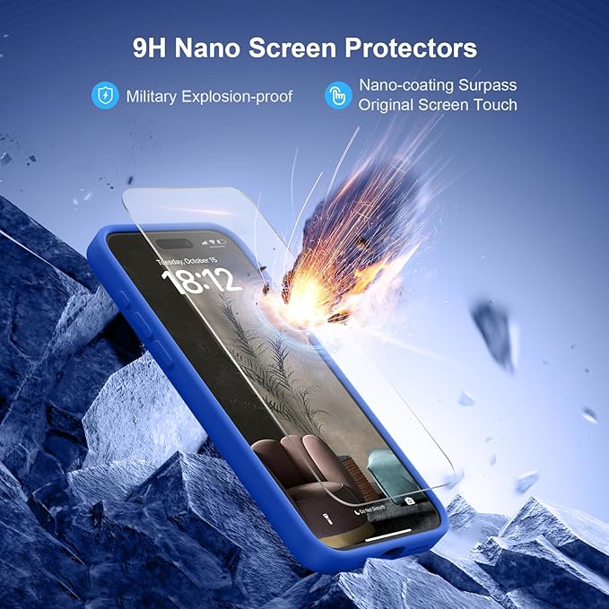 Magnetic for iPhone 15 Pro Case, Compatible with MagSafe, with 9H Nano Screen Protectors, Full Camera Protection, Silicone Shockproof Microfiber Lining Phone Case 6.1", Klein Blue