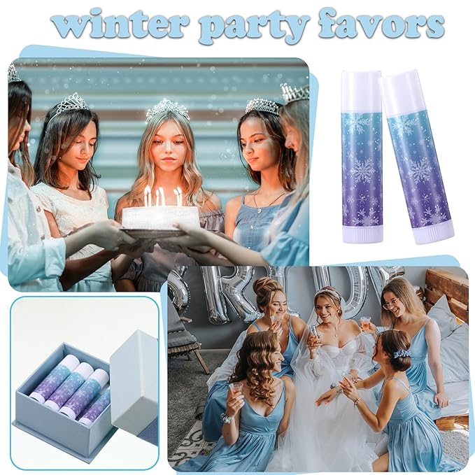 36 Set Snowflake Party Favor Winter Blue Purple Snowflake Lip Balm Thank You Tag Organza Bag Winter Wonderland Ice Snow Gift for Christmas Holiday Birthday Party Supplies Goodie Bag Decoration