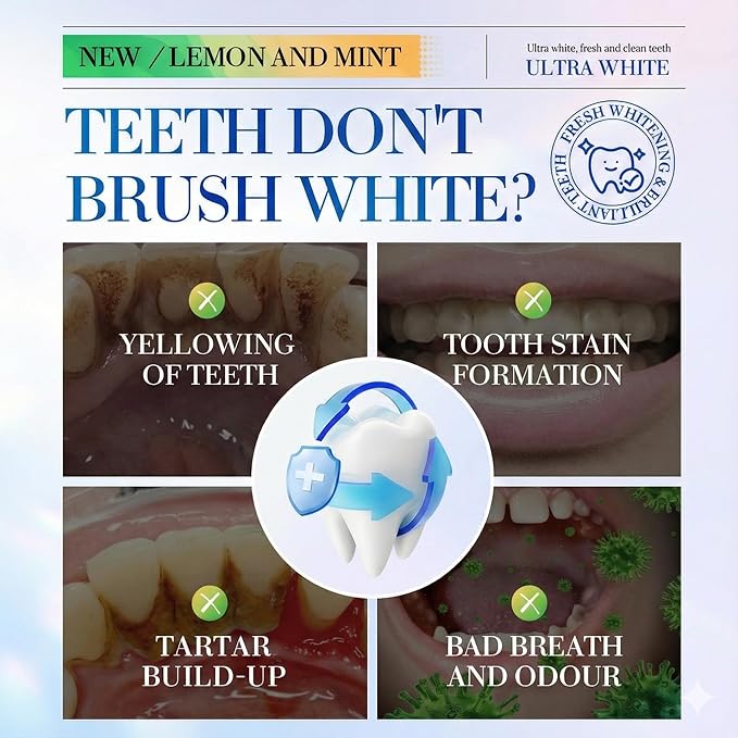 Ultra White Toothpaste for Stain Removal - Lemon Peppermint Whitening Toothpaste with Amino Acid - Fresh Breath, Gum Care & Enamel Safe Daily Tooth Paste (2 Pack, 3.52oz/100g Each)