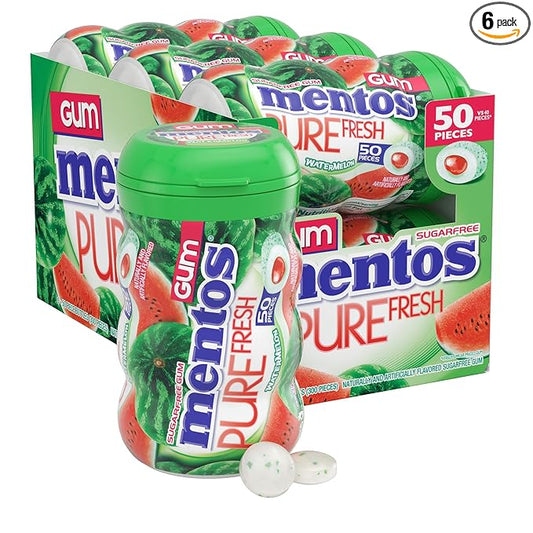 Mentos Pure Fresh Sugar-Free Chewing Gum with Xylitol, Watermelon, Bulk, 50 Piece Bottle (Pack of 6)