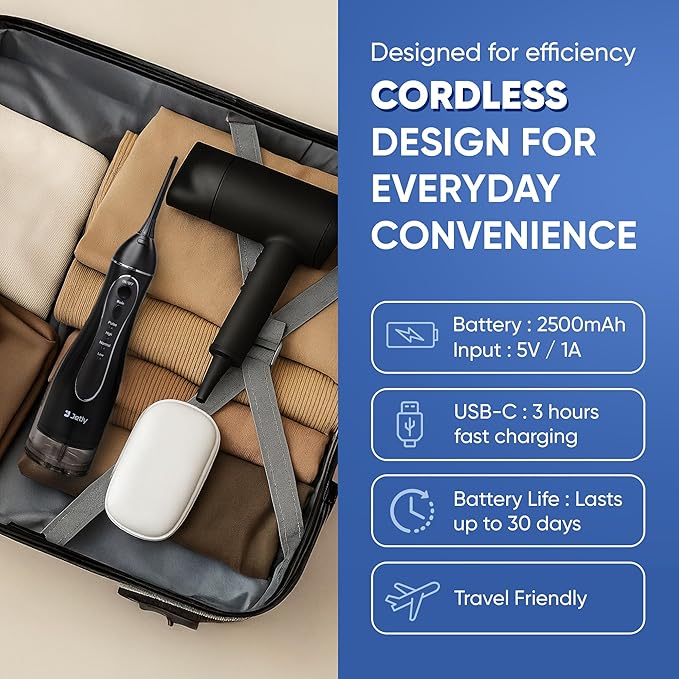 Water Dental Flosser Teeth Pick Cleaner: Travel Cordless Oral Irrigator 300ML Capacity Portable Rechargeable IPX7 Waterproof Electric Flossing Machine for Teeth Cleaning (Black)