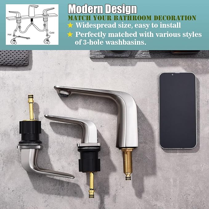TOCALOCA Widespread Bathroom Faucet 3 Hole Bathroom Sink Faucet Brushed Nickel 2 Handles Vanity Faucet Brass, Anti-Fingerprint Modern Bathroom Basin Faucet