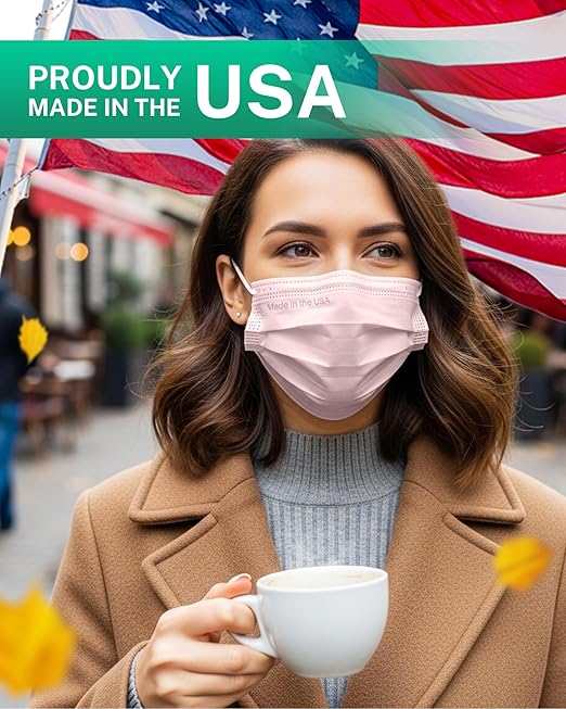 Disposable Face Masks Made in USA, 4 Ply for Families, Students, Breathable All-Day Wear & Safety, FSA HSA Eligible, ASTM Level 3 Medical Grade, 50 Pack, Pink