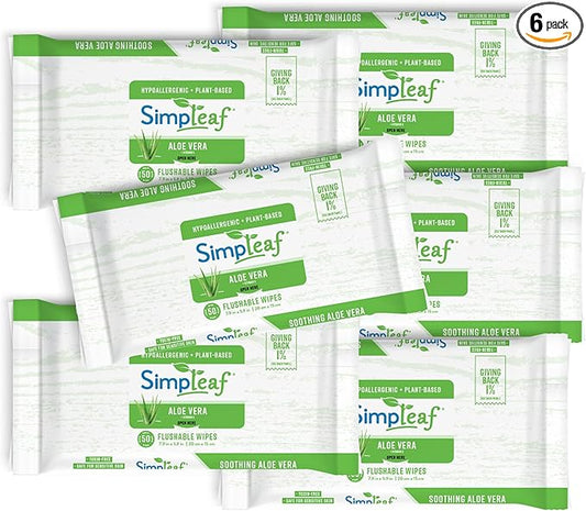 Simpleaf Flushable Wet Wipes Aloe Vera | Plastic Free, Paraben & Alcohol Free | Hypoallergenic & Safe for Sensitive Skin | Soothing Aloe Formula | Adult Toilet Wipes (6 x 50 Counts Pack) 300 Counts