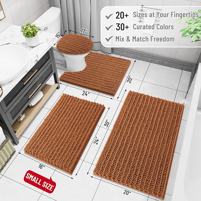 Arotive Luxury Chenille Bathroom Rug Mat, Extra Soft Thick Absorbent Shaggy Bath Rugs, Non-Slip Machine Wash Dry, Plush Bath Mats for Bathroom, Shower and Tub, 24x16, Clay