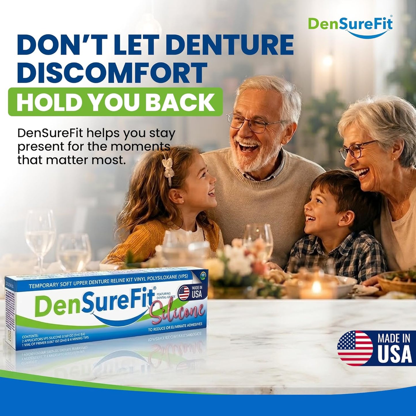 DenSureFit Upper and Lower Denture Reline Kit, Soft Silicone Denture Reliner Repair and Care Combo Kit with Extra Comfort Liner, Refit and Tighten for a Secure, Comfortable Fit
