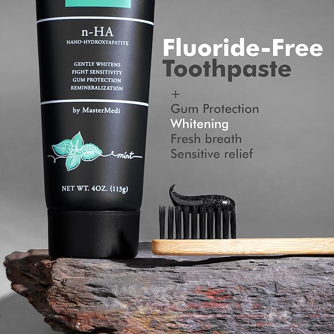 MasterMedi Nano Hydroxyapatite Toothpaste (Inspired by 10% nHA Formulas), Fluoride-Free, Charcoal Whitening, Sensitive Teeth Care, Enamel Support, SLS-Free, Xylitol, Citrus Mint, 4 Oz (Pack of 2)