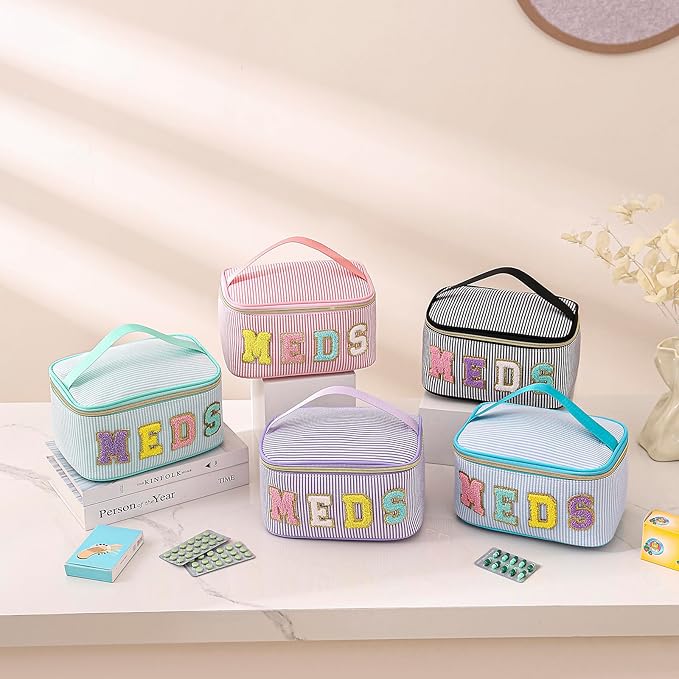 Chenille Letter MEDS Makeup Bag,Large Size Striped Medicine RX Cosmetic Bag with Top Handle, Aesthetic Seersucker First Aid Travel Organizer Bag for Women Girls(03Purple)