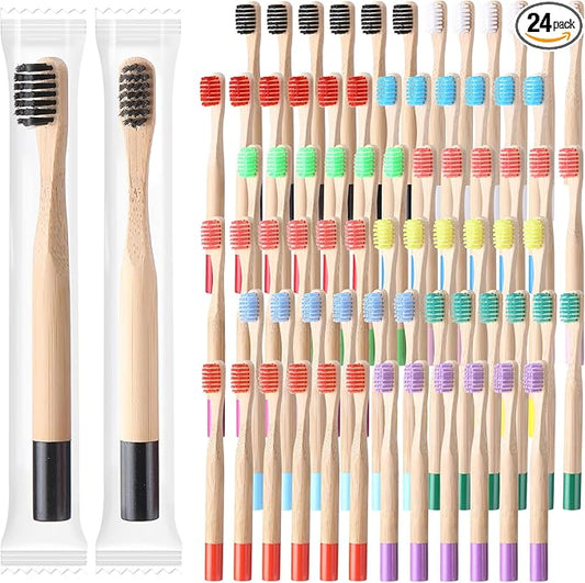24 Pcs Kids Bamboo Toothbrushes Soft Bristle Toddler Toothbrush BPA Free Wooden Travel Toothbrushes for Kids Children Home Travel School, 5.7 Inches, Individually Wrapped