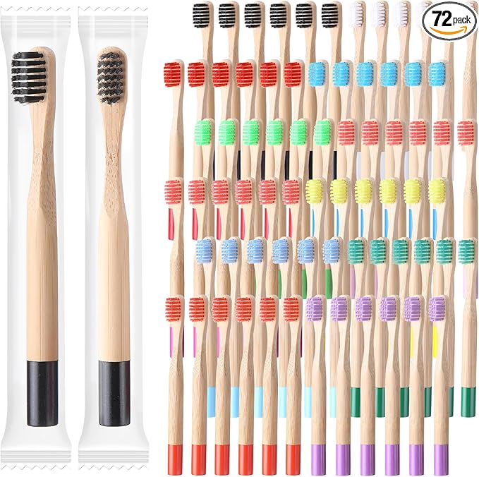 72 Pcs Kids Bamboo Toothbrushes Soft Bristle Toddler Toothbrush BPA Free Wooden Travel Toothbrushes for Kids Children Home Travel School, 5.7 Inches, Individually Wrapped