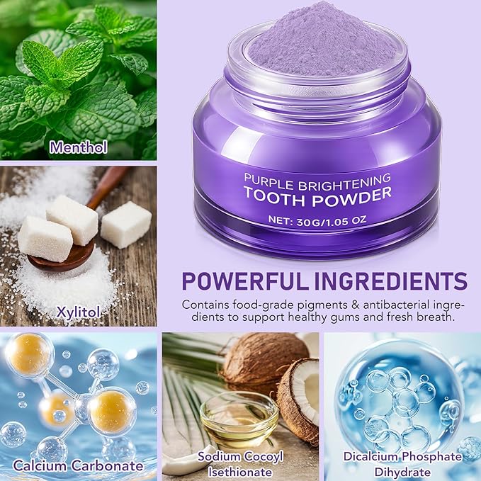 Teeth Whitening Powder,Purple Gentle Tooth Whitener,Safe & Gentle Formula,No Sensitivity,Daily Use, Enamel Friendly,Stain Removal, Color Corrector, and Toothpaste Booster (1)