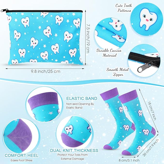 Sliner 4 Pcs Dental Assistant Gifts Set 12 oz Blue Teeth Stainless Steel Tumbler Cosmetic Bag Tooth Shape Keychain Novelty Tooth Sock Dental Hygienist Gifts for Nurse Dentist Christmas Graduation