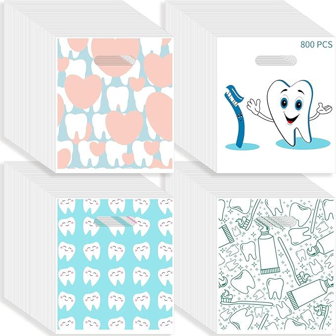 800 Pcs Dental Bags, Tooth Patient Care Dental Bags, 9 x 8 Inches dental goodie bags, for Dental Clinics, Schools and Patient use (Style 10)