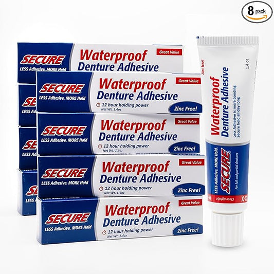 Secure Waterproof Denture Adhesive - Zinc Free - Extra Strong Hold For Upper, Lower or Partials - 1.4 oz (Pack of 8)