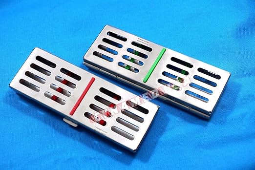 German Stainless 2 EA Dental Sterilization Cassette Rack Tray Box for 5 Instruments RED and Green