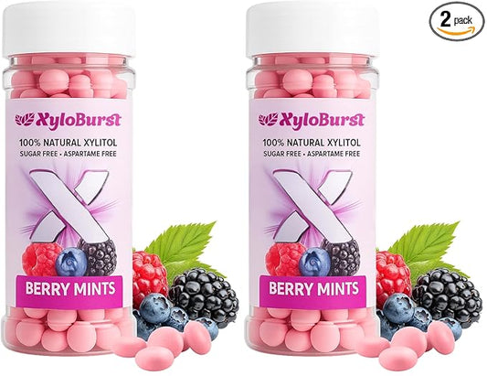XyloBurst Mints Sugar Free Mint candies with Xylitol, Aspartame Free, Gluten Free, Vegan & Keto Friendly 200 Count Jar (1 Bottle Pack, Berry) (Pack of 2)