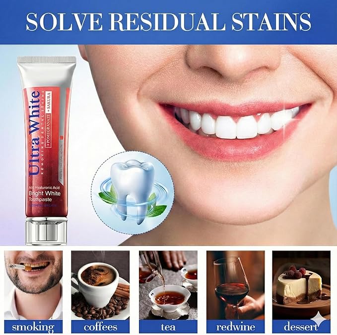Pomegranate & Sakura Toothpaste, Hyaluronic Acid Whitening Gel for Stain Removal, Soothes Gums & Freshens Breath, Red Fluoride-Free Paste, 3.52oz (2 Pack)