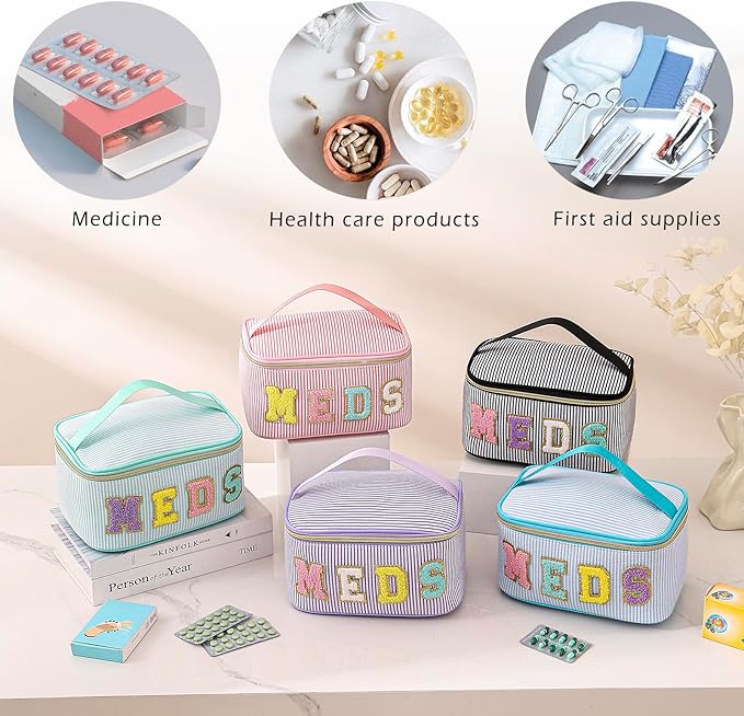 uekeboag Personalized Chenille Letter Seersucker MEDS Makeup Bag,Large Size Medicine RX Cosmetic Bag with Top Handle, First Aid Travel Organizer Bag for Women Girls(03Purple)