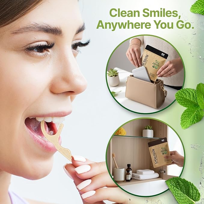 Double Thread Biodegradable Floss Picks (200-Count) - Mint Flavoured Eco-Friendly Plant-Based Dental Flossers for Tight Teeth - Plastic-Free Floss with Ergonomic Design for Sensitive Gums