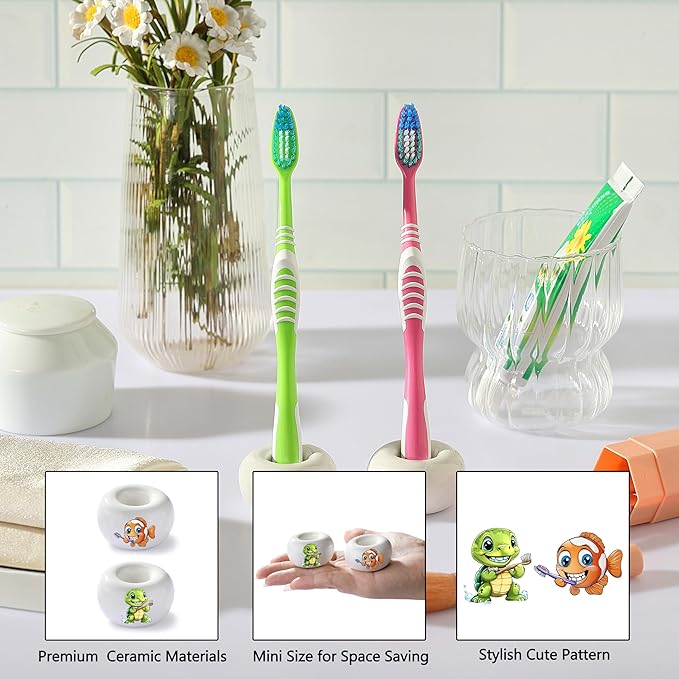2PCS Ceramic Toothbrush Holder, DQELFA Mini Sleek Toothbrush Holder Stand for Bathroom and Countertop Organizers, White (Stylish Sea-Themed Designs)