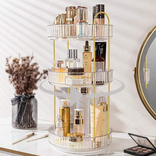 360 Rotating Makeup Organizer for Vanity, Bathroom Countertop Spinning Perfume Organizer, High-Capacity Cosmetic and Skincare Dresser Make Up Holder Rack (3 Tiers, White)