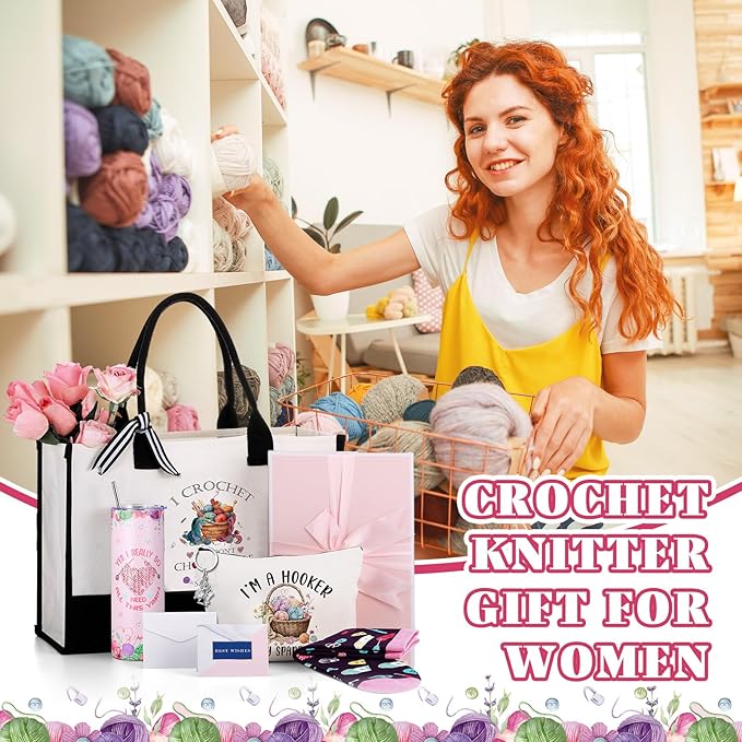 Geiserailie 8 Pcs Christmas Crochet Hobbyist Gifts for Women Including Large Tote Bag Cosmetic Bags Tumbler Cup Plush Socks Metal Keychain Card and Envelope for Crochet Hobbyist Thank You Gifts