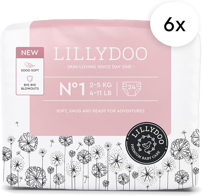 LILLYDOO Baby Diapers - Size 1 (4-11 lbs), Monthly Supply (144 Count), Leak Protection, Skin-Friendly, Ultrasoft, Perfume- & Chlorine-Free, Hypoallergenic, dermatologically Tested, Oeko-TEX®