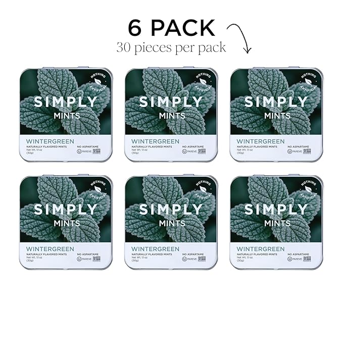 SIMPLY MINTS Natural Wintergreen Breath Mints, 6 Pack (180 Pieces), Made With Real Wintergreen Oil | Aspartame-Free, Sorbitol-Free, Xylitol-Free, Vegan, Kosher, Non-GMO