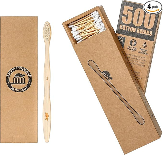 Sea Turtle Bundle Toothbrush and Swabs, Plant-Based Bristles Bamboo Toothbrushes (4 Pack) and Bamboo Cotton Swabs (500 Count)