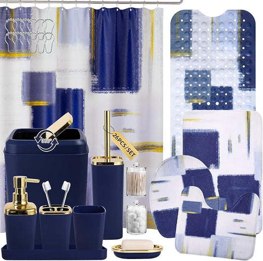 Bathroom Accessories Set - 26PCS Navy Blue Bathroom Set, Bathroom Accessory Set with Shower Curtain and Rugs and Bathtub Mats for Home