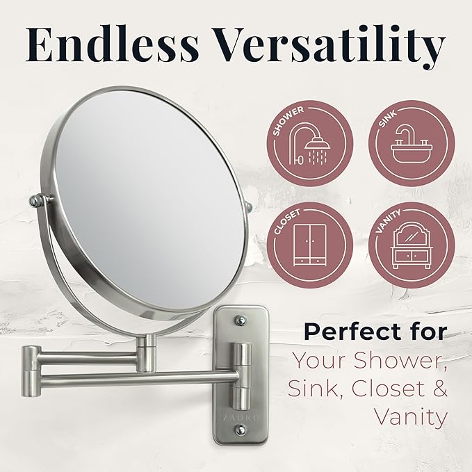 Zadro Two Sided Dual Arm Wall Mount Mirror, Satin Nickel, 5X-1X