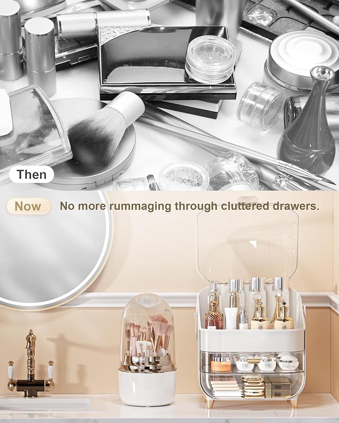 Makeup Brush Holder for Vanity - 360 Rotating Makeup Brush Organizer (Thicken Upgraded), Toothbrush Holder with Cover, Cosmetic Organizer (White)
