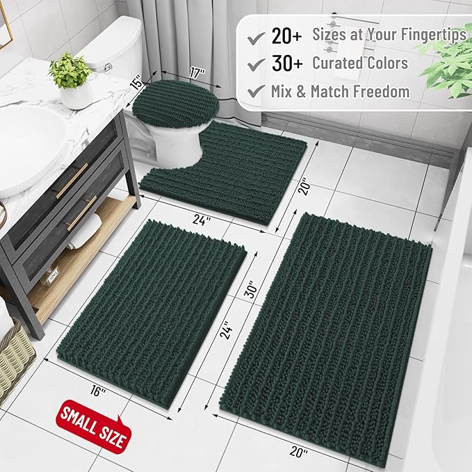 Arotive Luxury Chenille Bathroom Rug Mat, Extra Soft Thick Absorbent Shaggy Bath Rugs, Non-Slip Machine Wash Dry, Plush Bath Mats for Bathroom, Shower and Tub, 24x16, Dark Green