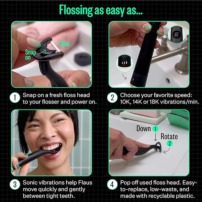 FLAUS Electric Flosser (Shark Tank) 3 Speeds + 45 Refill Heads w/Extra Strong Woven Floss, Increased Durability - Water Flosser Alternative, Dentist Recommended Tooth Flossers, Eco Dental Floss Picks