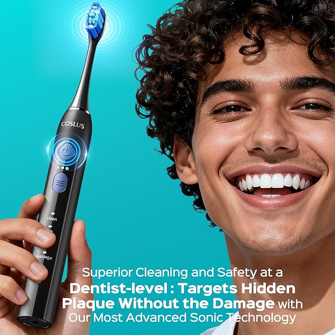 COSLUS Sonic Electric Toothbrush for Adults & Kids: 3 Intensities & 5 Modes Gum-Friendly for Deep Cleaning & Whitening - 2 Types of Heads for Family, Sensitive Teeth, Brace, Black & Green, 2PCS
