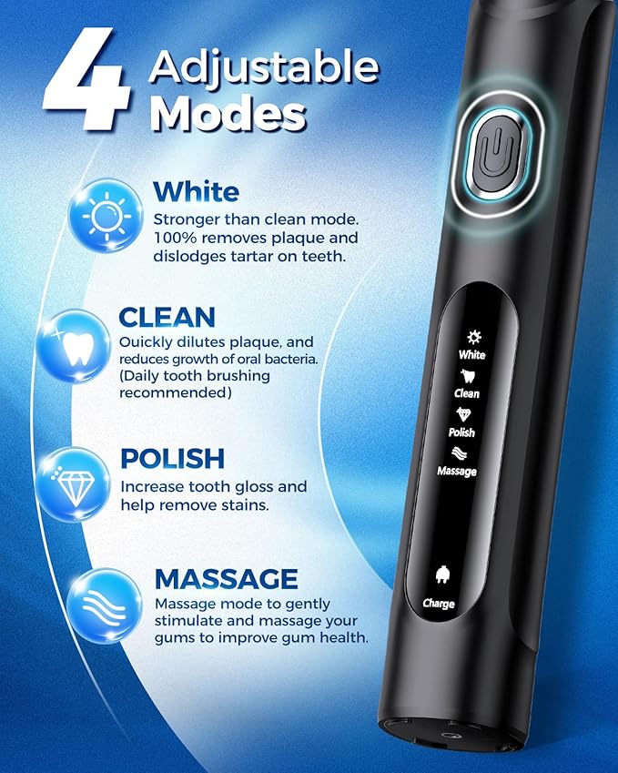 TEETHEORY Rotating Electric Toothbrush for Adults with 8 Brush Heads (2 Types), 4 Modes Deep Clean Electric Toothbrush with Rechargeable Power and 2 Min Smart Timer (1- Black, p1)