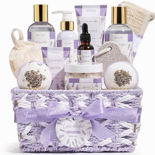 Birthday Gifts for Women, Lavender Relaxing Spa Gift Baskets for Women Self Care Package Bath Gift Set, Home Bath and Body Kit Pamper Valentines Day Gifts for Her Womens Mom Friends Wife Girlfriend