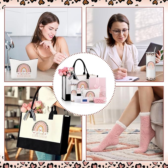 Geiserailie 8 Pcs Counselor Gifts for Women Including Large Tote Bag Cosmetic Bags Tumbler Cup Plush Socks Metal Keychain Card and Envelope for National Counseling Week Thank You Gifts