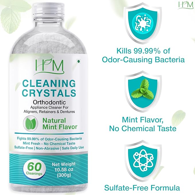 Happy Moms HM Cleaning Crystals for Aligners, Retainers & Dentures – Natural Mint Flavor | Eliminates Odor & Freshens | Sulfate-Free, Non-Abrasive Daily Appliance Cleaner – 60 Cleanings (300g)