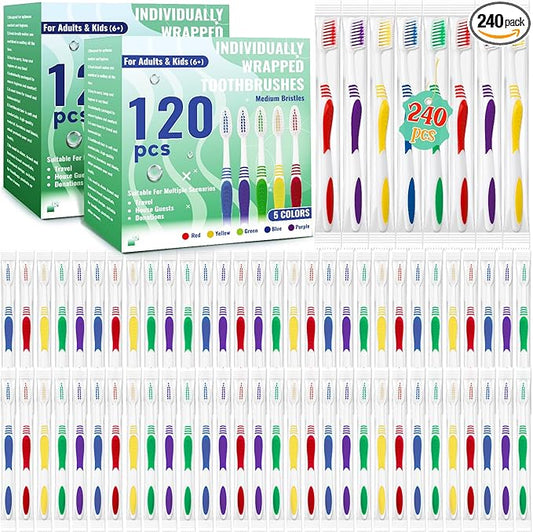 240 Pcs Toothbrush Bulk Disposable, Travel Toothbrushes Pack, Soft Bristle Individually Wrapped and Good Cleaning for Kids, Adult and The Elderly. Suitable for Hotel, Travel, Home, Donated