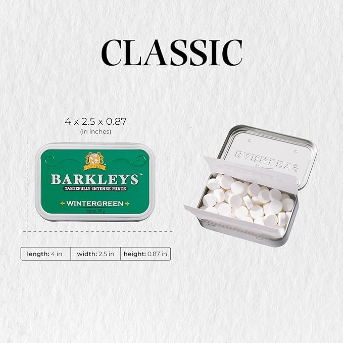 Barkleys Wintergreen Breath Mints - Strong Flavor Cool Mint Candy For Party, After Dinner, Wedding, Every Day Use - Vegan Breath Mints In Reusable Classic Travel Tins, 1 Pack - 50 Count Each