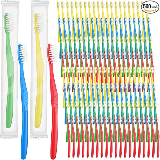 Tioncy 500 Pieces Disposable Toothbrushes Individually Wrapped Toothbrushes Bulk Soft Bristle Tooth Brush Travel Manual Brush for Adults Camping Homeless Office Dental Care